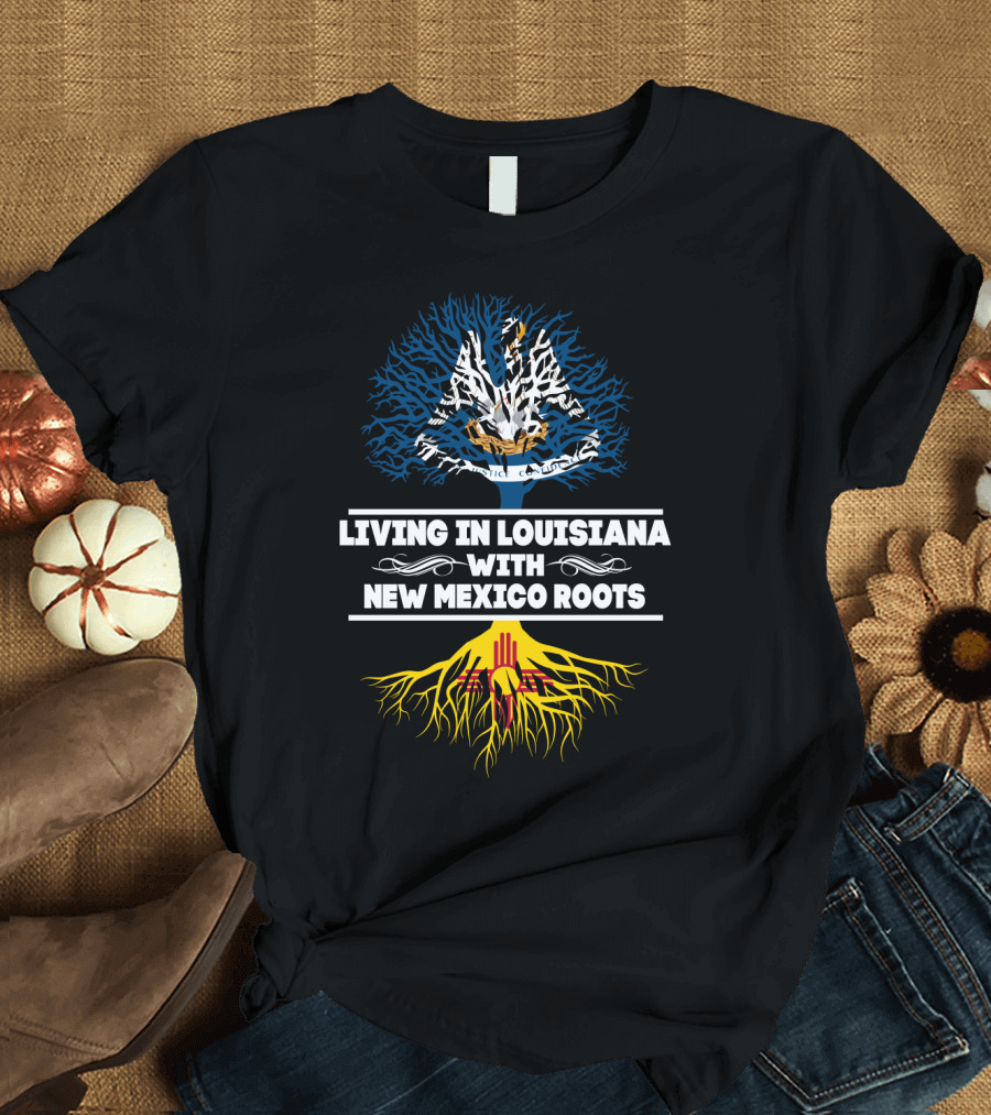 Louisiana Living with New Mexico Roots Featuring Pelican and Zia Symbol Tree T-Shirt