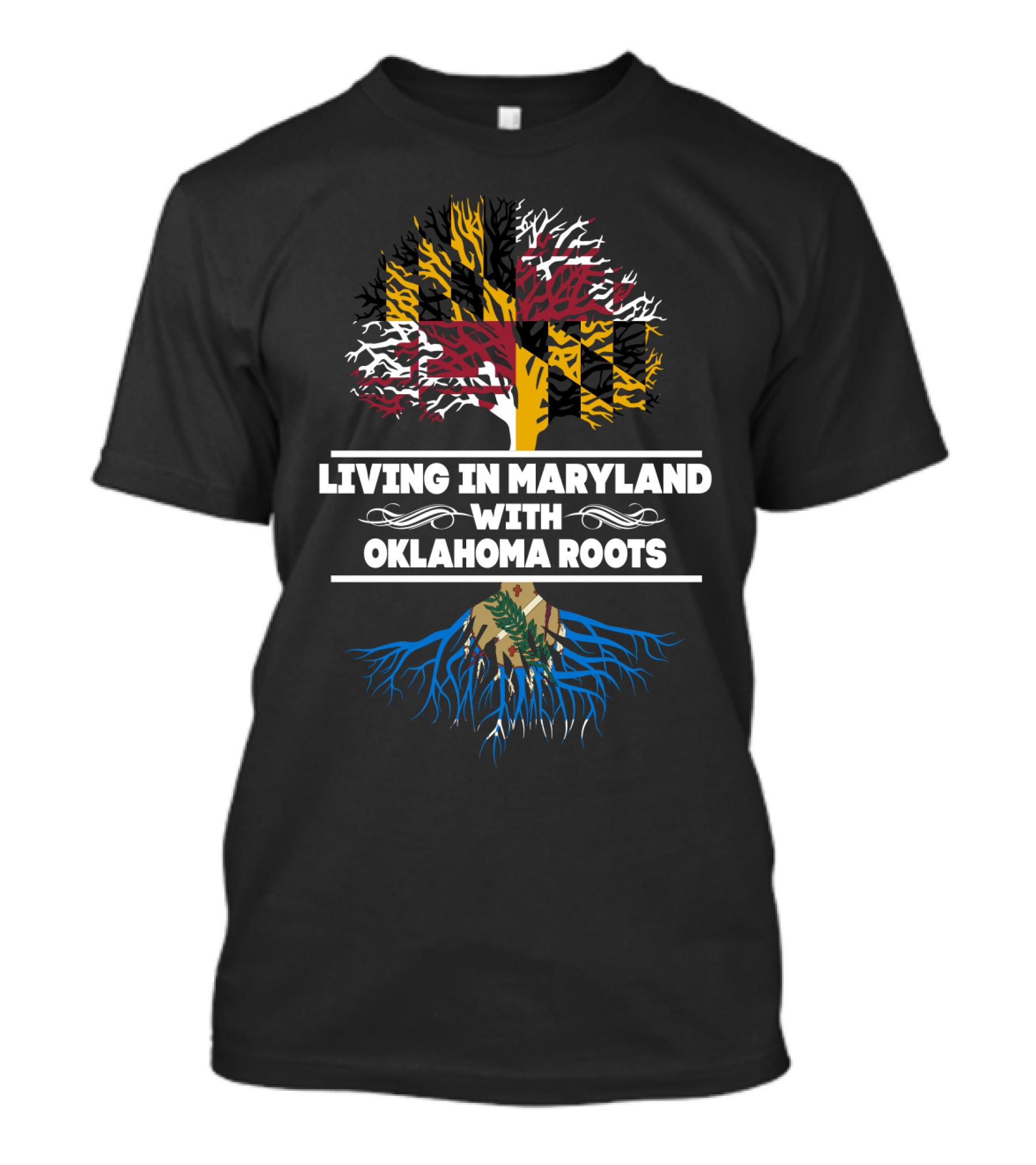 Maryland Flag Tree And Blue Oklahoma Roots Connection T-Shirt