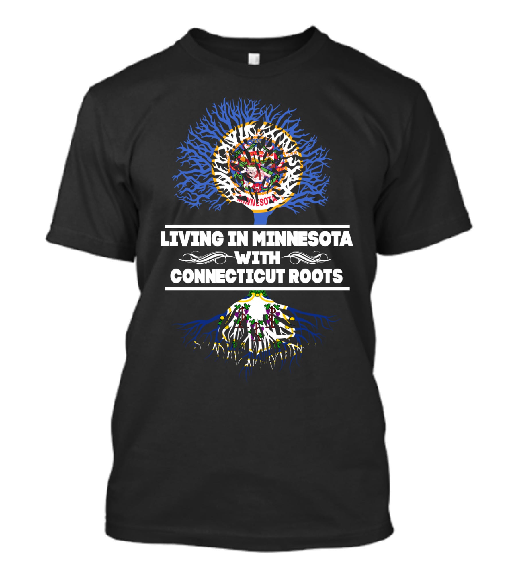 Living In Minnesota With Connecticut Roots Featuring State Seals On Tree T-Shirt