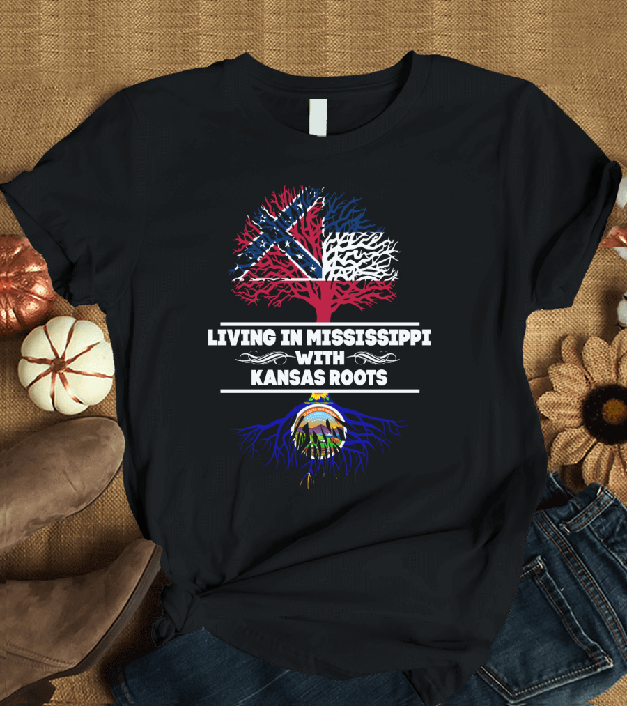 Living in Mississippi with Kansas Roots Confederate Flag Tree and Kansas Seal Roots T-Shirt