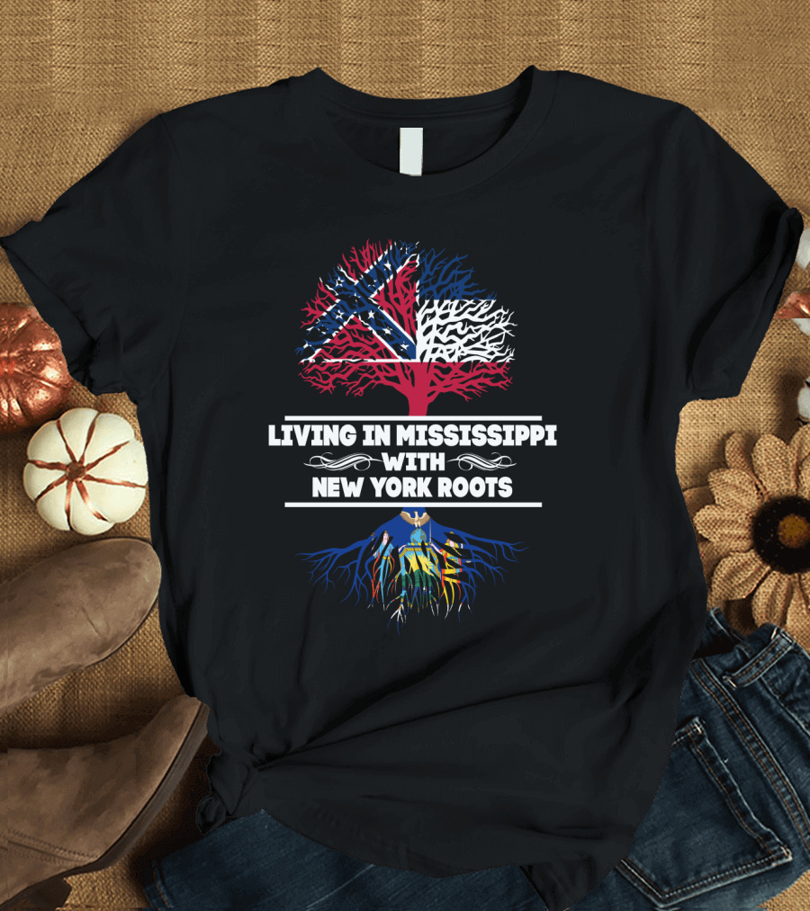 Living in Mississippi With New York Roots Confederate Flag and New York Seal Tree T-Shirt