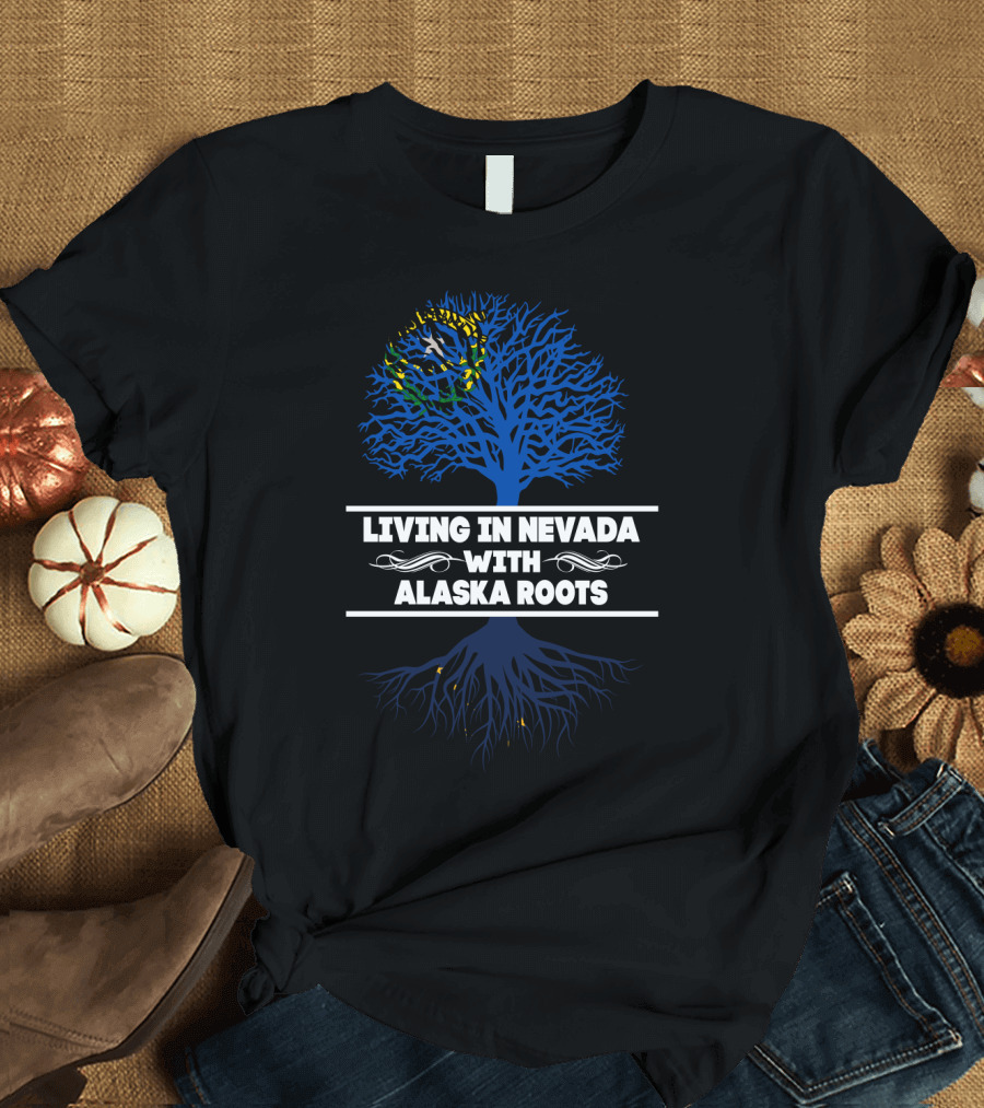 Living in Nevada with Alaska Roots Decorative Blue Tree and Yellow Stars T-Shirt