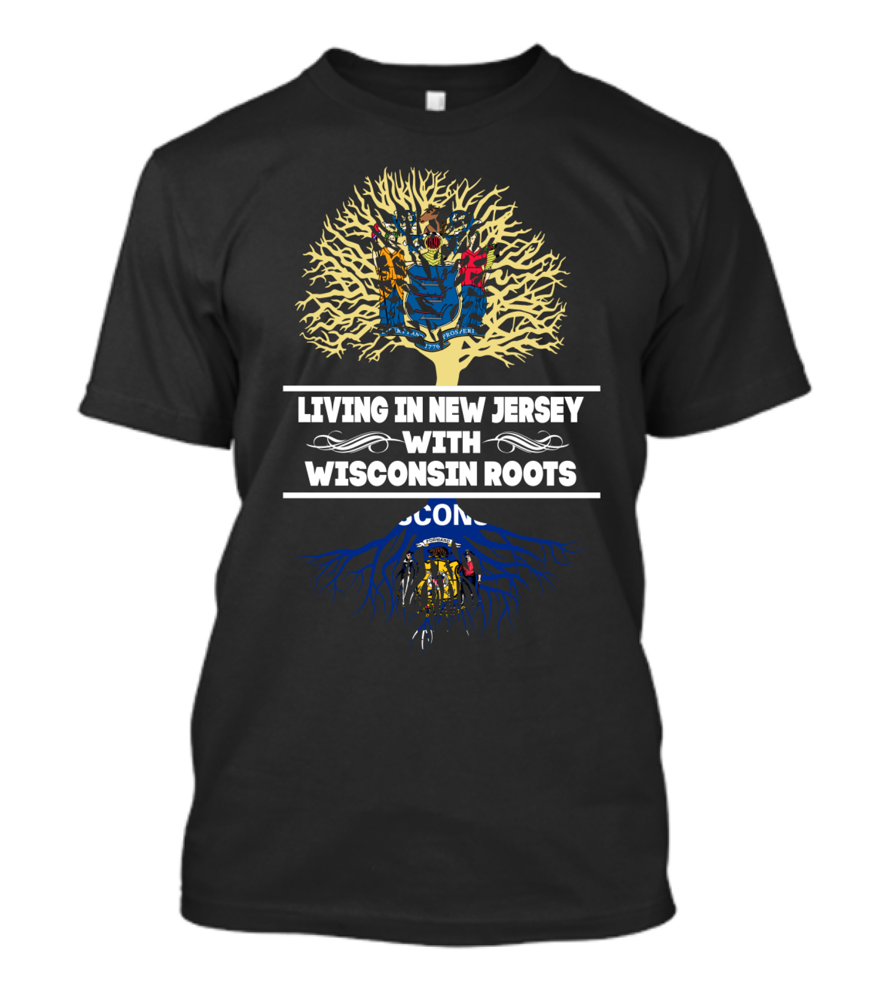 Living In New Jersey With Wisconsin Roots Tree Design With State Colors And Symbols T-Shirt