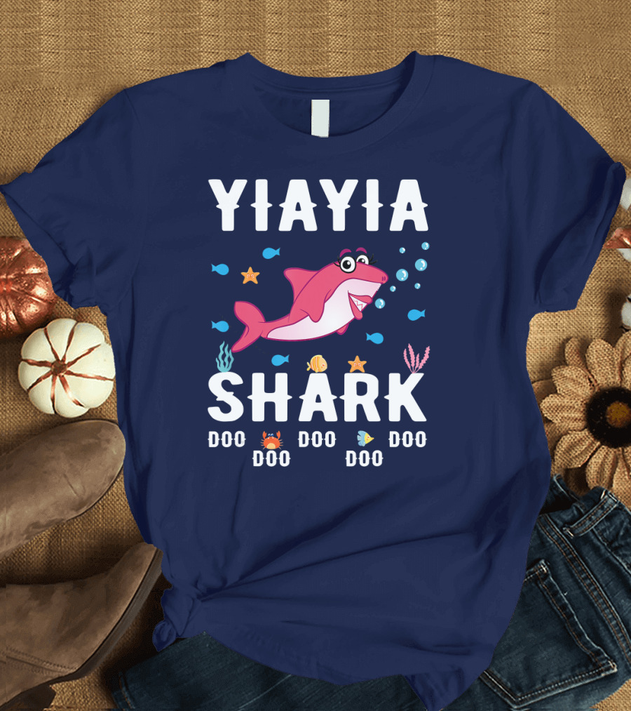Yia Yia Shark Doo Doo Doo with Cute Pink Shark and Sea Creatures T-Shirt