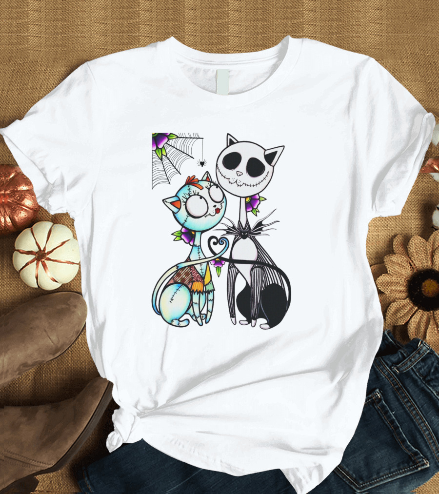 Cat Version of Jack Skellington and Sally with Spider Web and Flowers T-Shirt