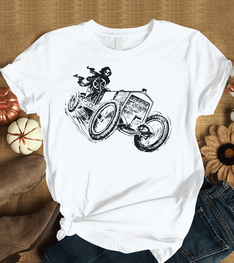 Vintage Death Racing Grim Reaper in High-Speed Race Car T-Shirt