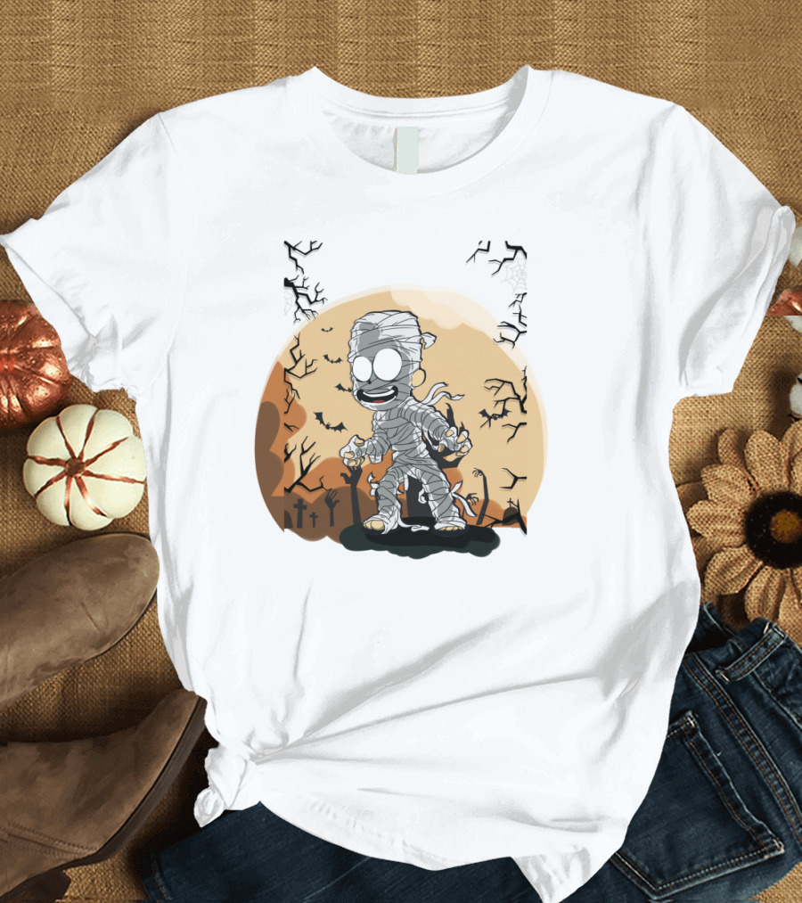 Halloween Zombies Mummy with Moon Tombs and Spooky Trees T-Shirt