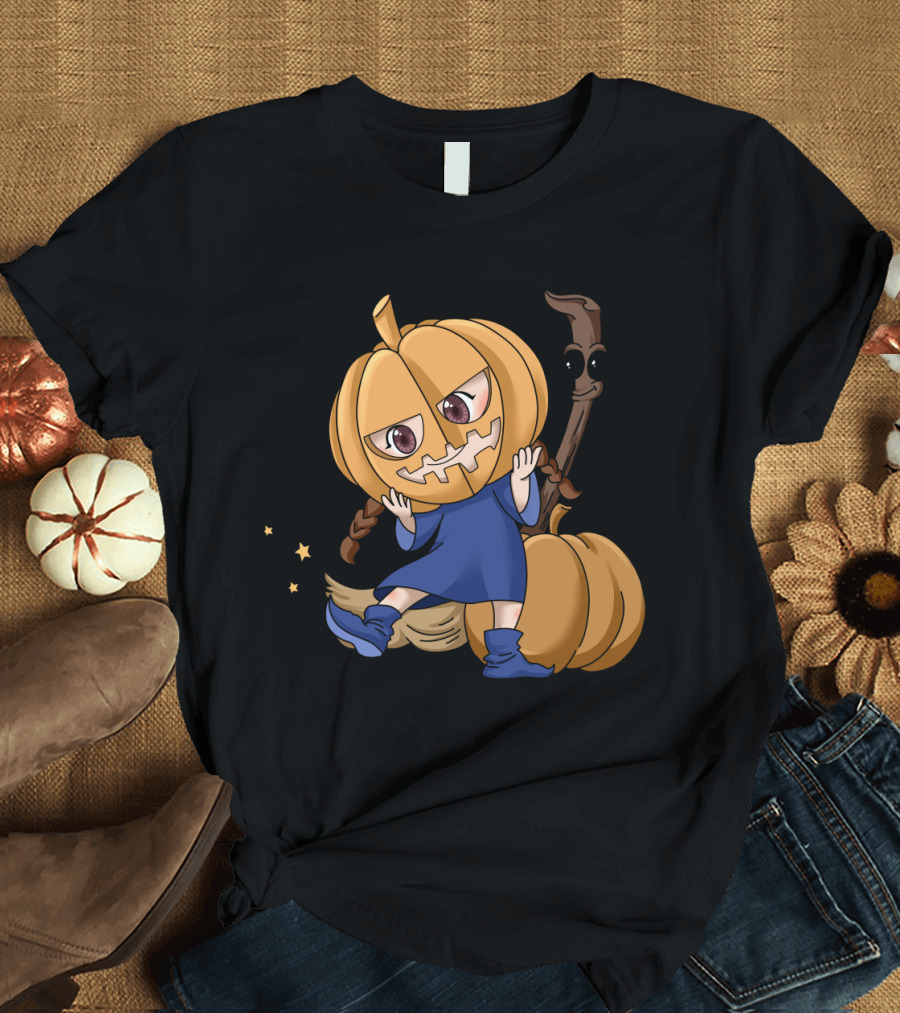 Halloween Cartoon Witch Girl with Pumpkin Head and Broomstick in Blue Dress T-Shirt