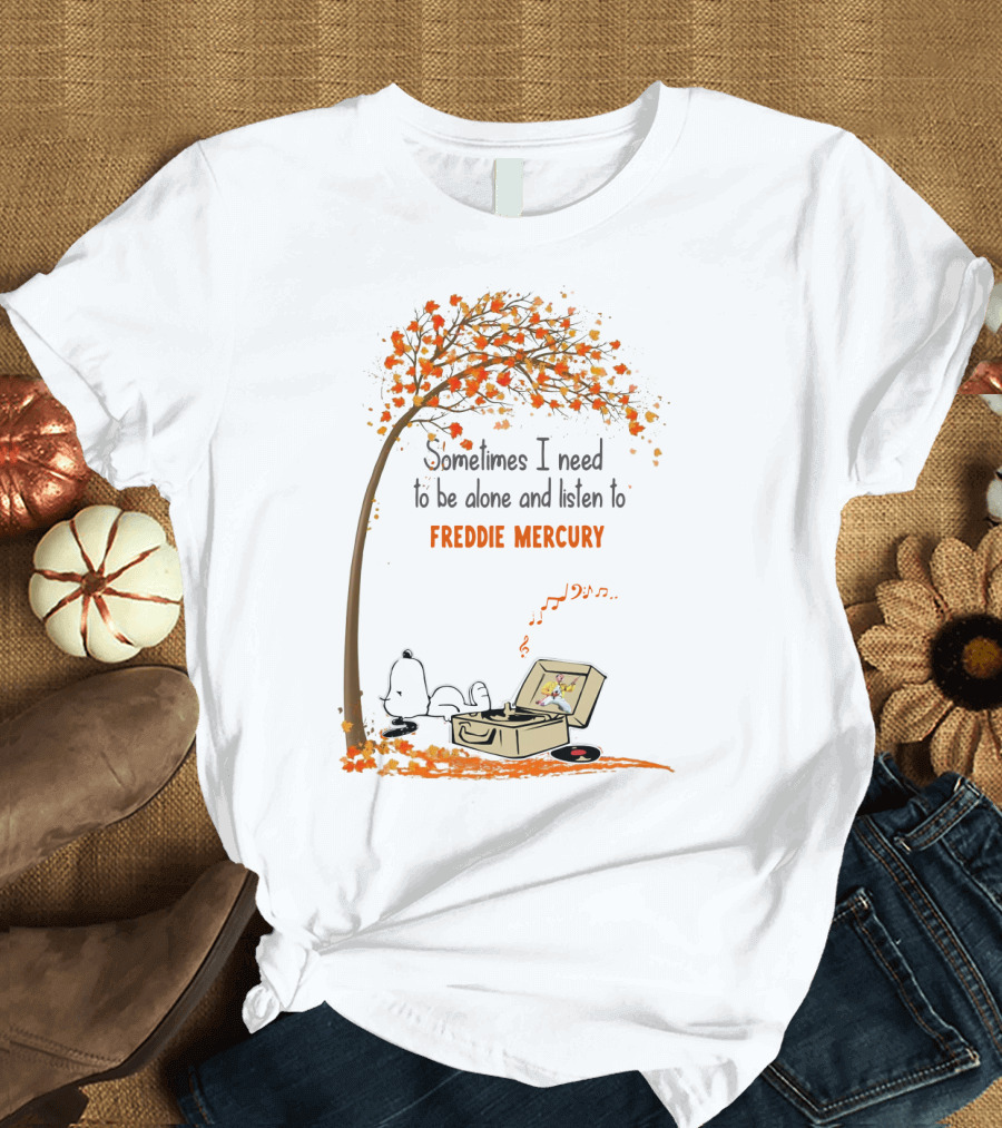 Snoopy Relaxing Under Autumn Tree Listening to Freddie Mercury Alone Vinyl Record Player T-Shirt