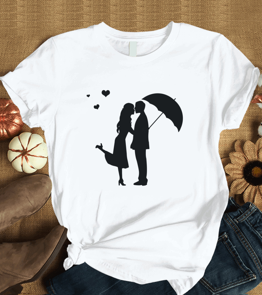 Couple Romantic Umbrella Hearts T-Shirt