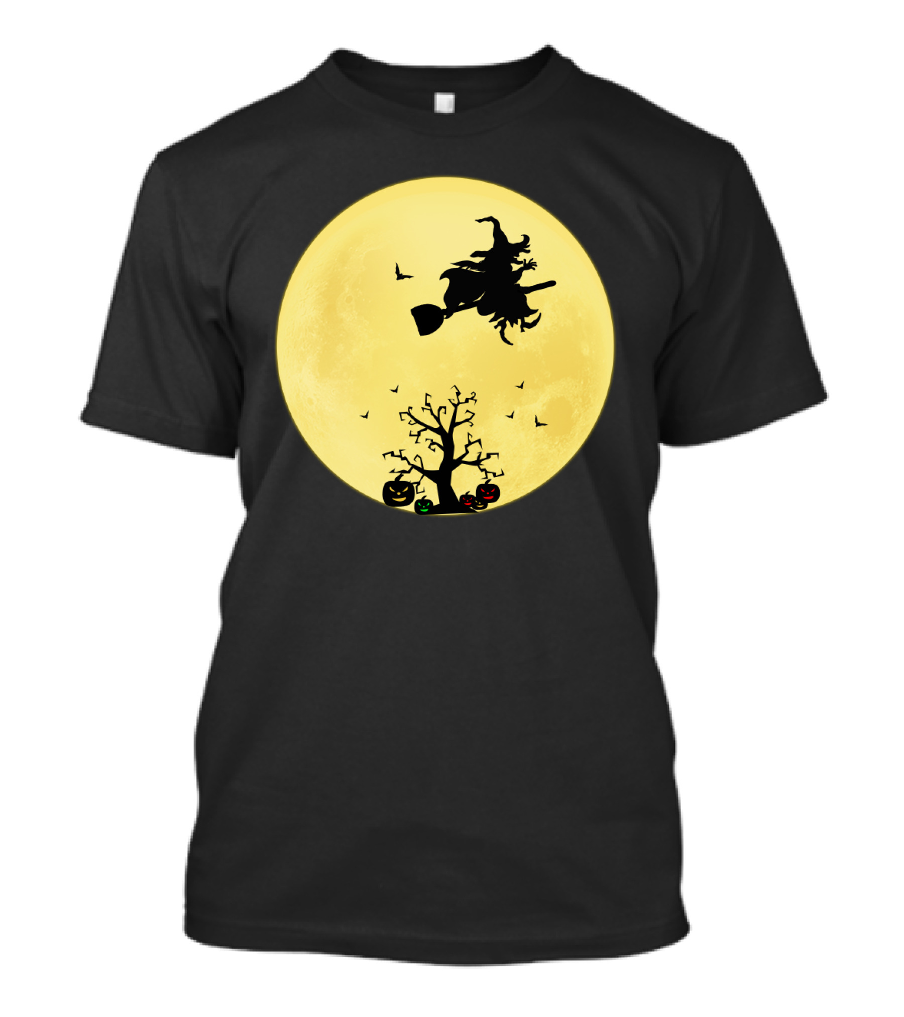 Halloween Witch Flying On Broomstick Over Full Moon With Jack-O'-Lanterns T-Shirt