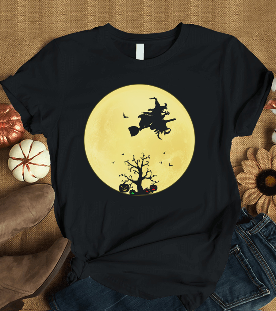 Halloween Witch Flying on Broomstick Over Full Moon with Jack-O'-Lanterns T-Shirt
