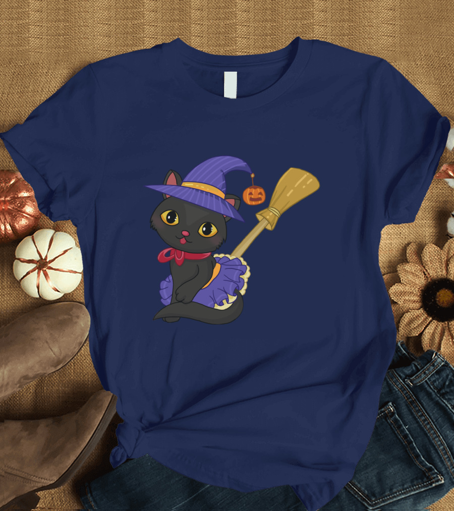 Halloween Black Cat in Witch Hat with Broom and Pumpkin Charm T-Shirt