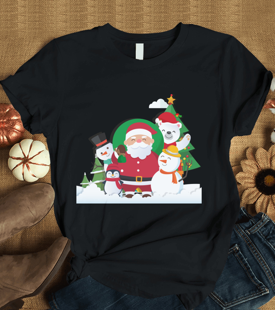 Christmas with Santa Claus Snowman Penguin Polar Bear Festive Scene T-Shirt
