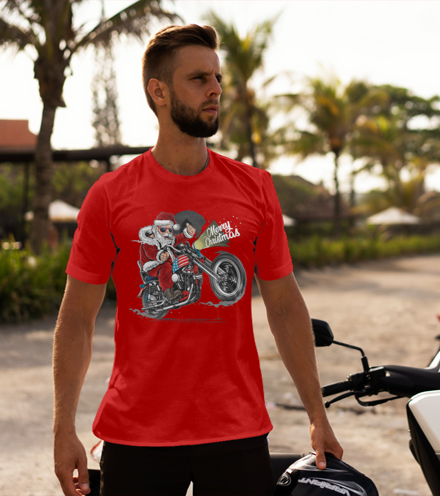 Merry Christmas Santa Claus Motorcycle USA America T-Shirt