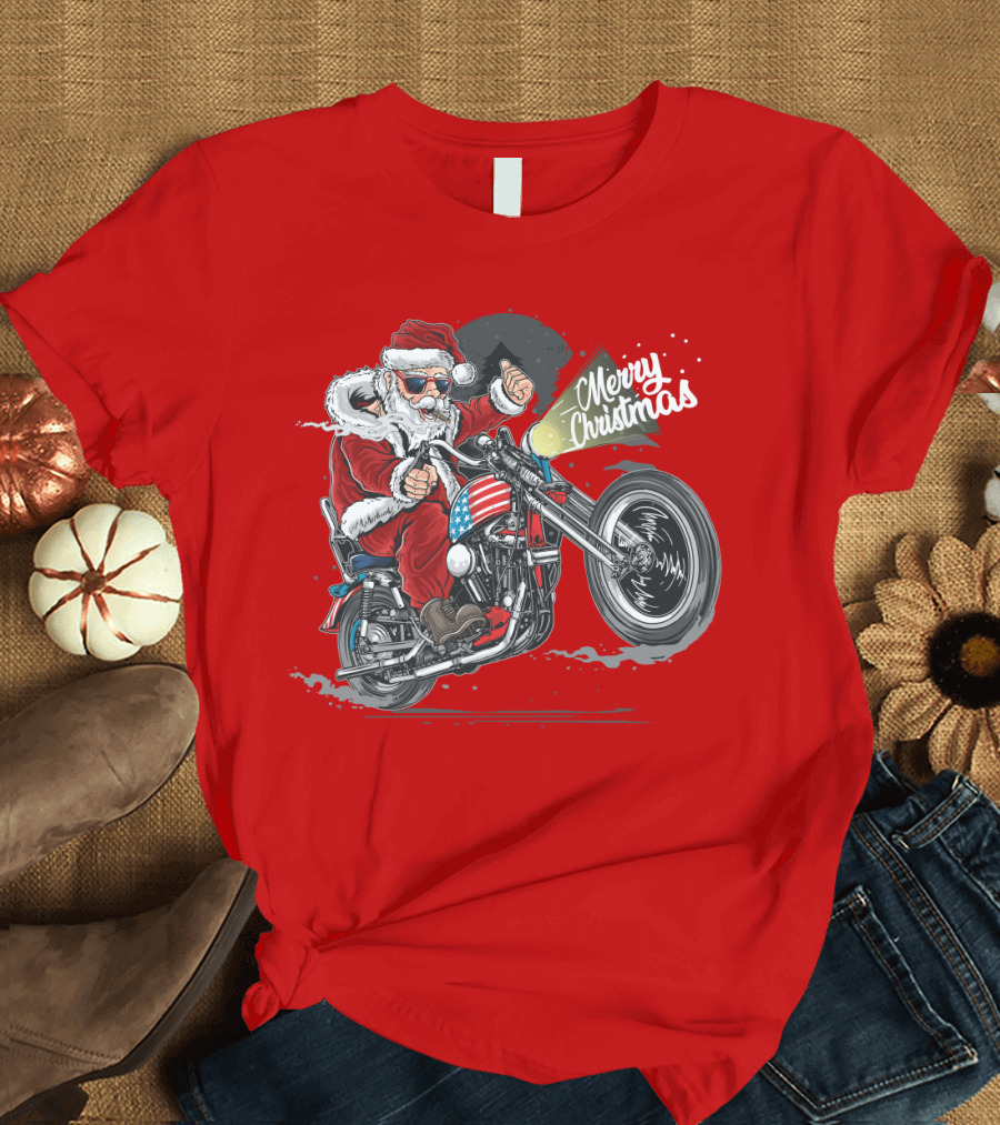 Merry Christmas Santa Claus Motorcycle USA America T-Shirt