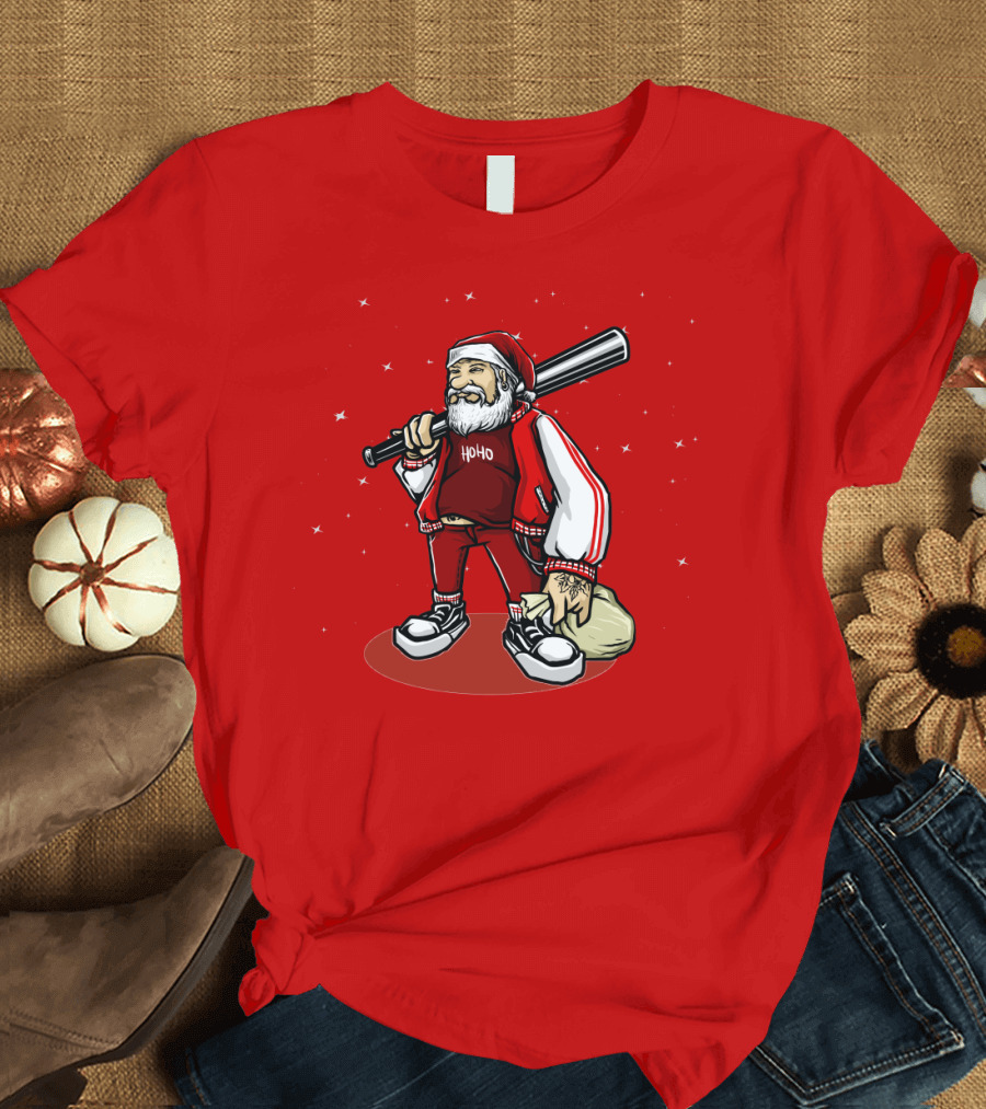 Santa Ho Ho Gangster Style with Baseball Bat and Bag T-Shirt