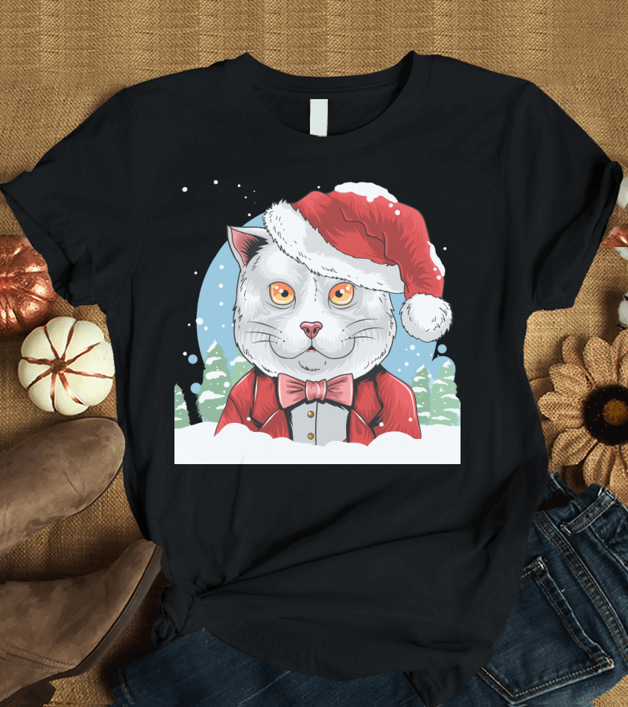 Santa Claus Cat in Winter Wonderland Christmas Scene T-Shirt