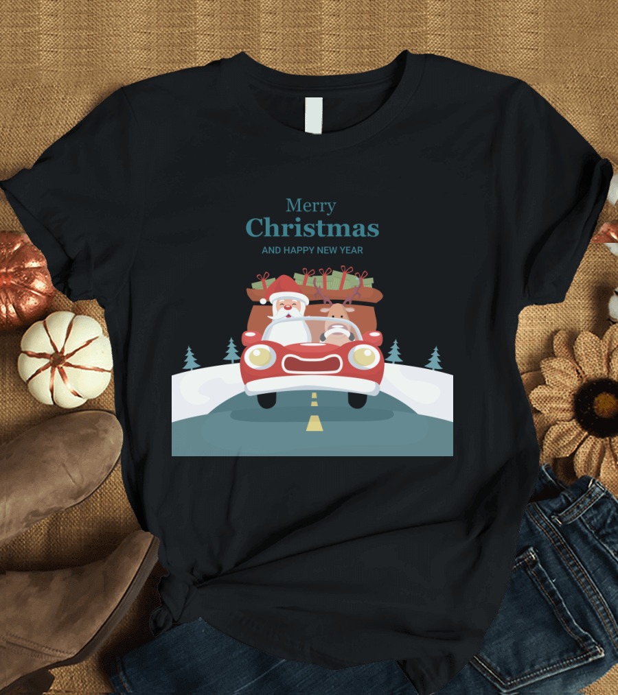 Merry Christmas and Happy New Year Reindeer Drives Car with Santa Claus T-Shirt