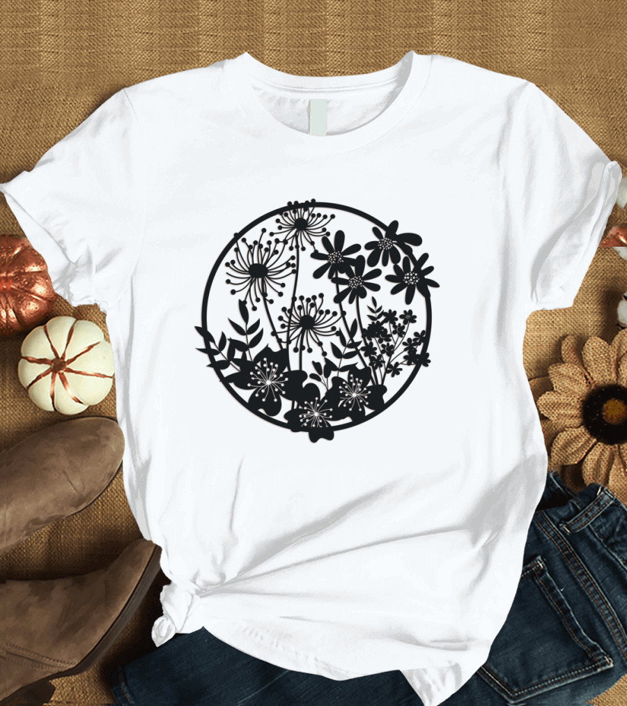 Flower Fresh Three Dimensional Silhouette Blossom Mandala T-Shirt
