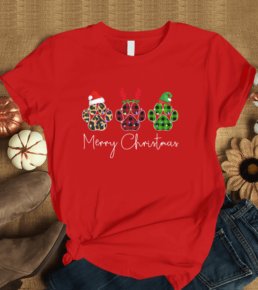 Merry Christmas Plaid Leopard Paw Santa Hat Reindeer Antlers Green Elf Hat T-Shirt