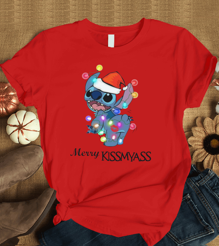 Merry Kissmyass Christmas Stitch Santa Hat Lights T-Shirt