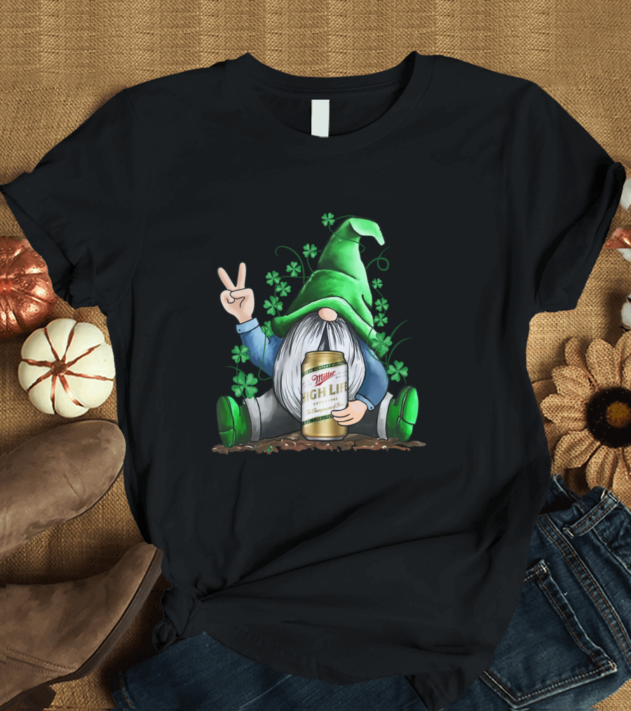 Irish Gnome Peace Sign Shamrocks Miller High Life St Patrick's Day T-Shirt