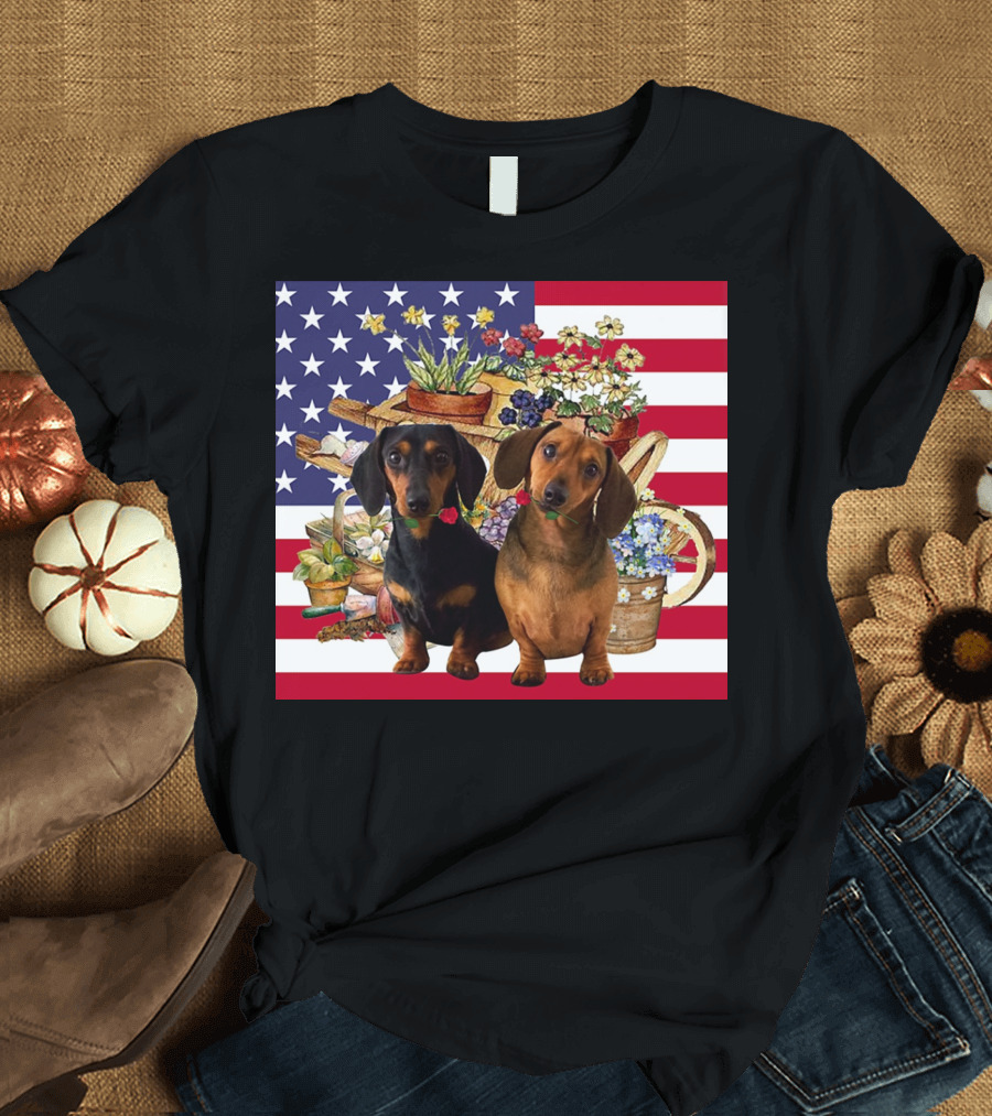 Daschund Flower Garden American Flag Backdrop Face Mask T-Shirt