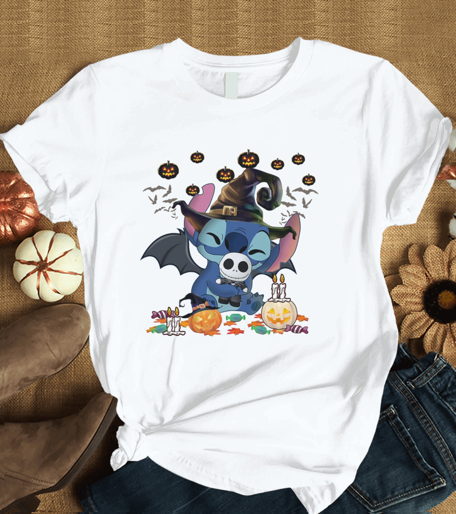 Halloween Stitch Witch with Baby Jack Skellington Surrounded by Pumpkins and Candy T-Shirt
