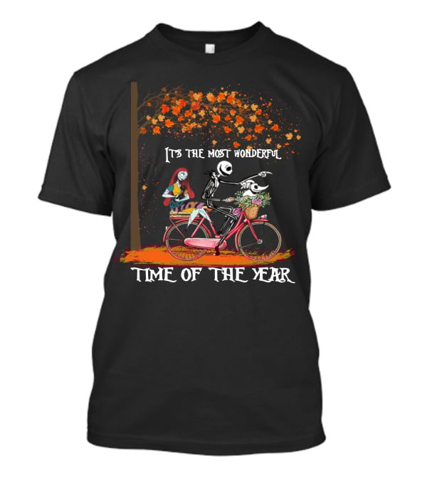 Jack Skellington And Sally On Bicycle Under Autumn Tree It's The Most Wonderful Time Of The Year T-Shirt