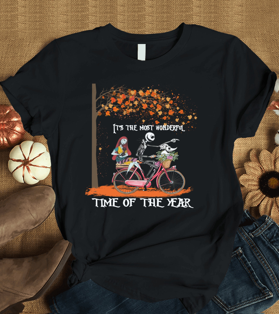 Jack Skellington And Sally On Bicycle Under Autumn Tree It's The Most Wonderful Time Of The Year T-Shirt
