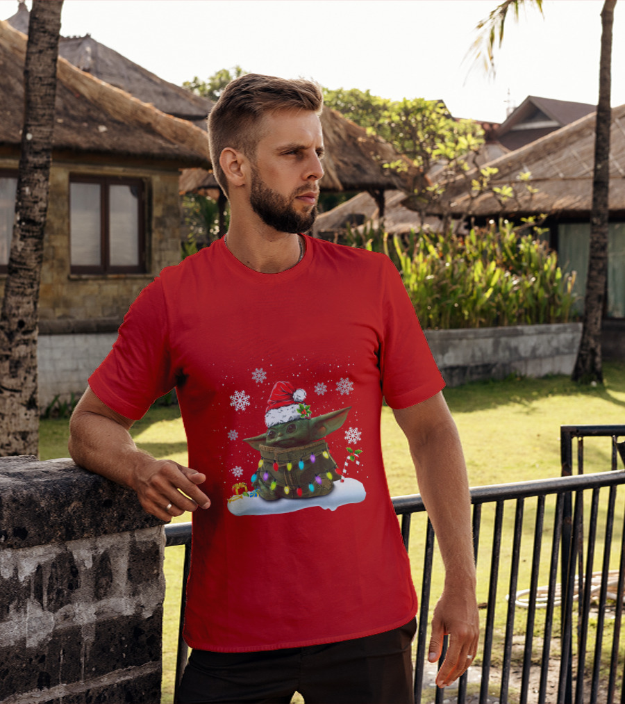 Santa Baby Yoda Christmas Lights Snowflakes Candy Cane Holiday Scene T-Shirt