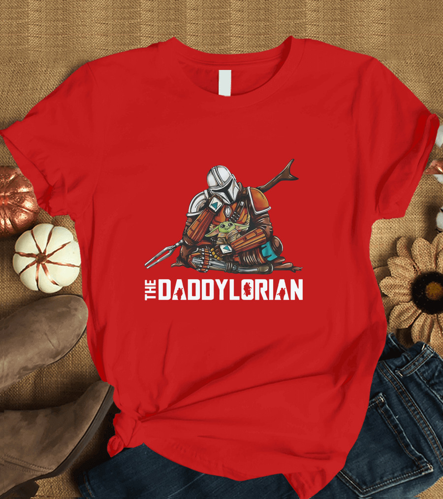 The Daddy Lorian Star Wars Mandalorian with Baby Yoda Grogu Hugging T-Shirt