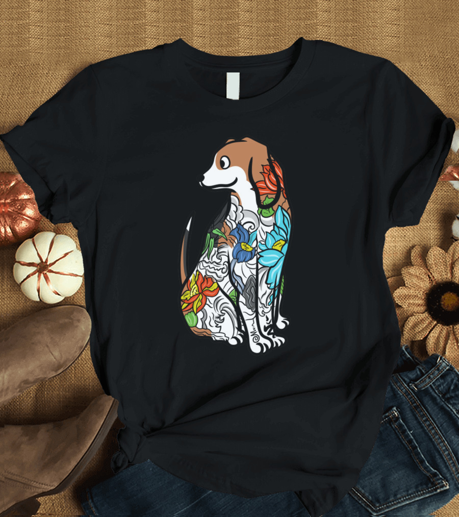 Beagle with Vibrant Floral Tattoo T-Shirt