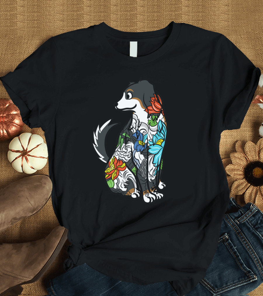 Colorful Floral Tattoo Style Bernese Mountain Dog T-Shirt