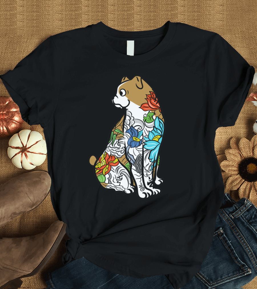 BULLDOG TATTOO FLORAL PATTERN COLORFUL T-Shirt