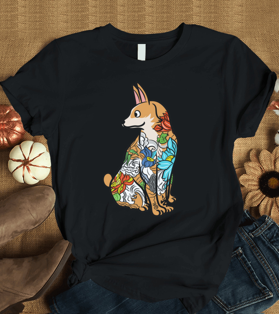 Corgi with Colorful Floral Tattoo T-Shirt