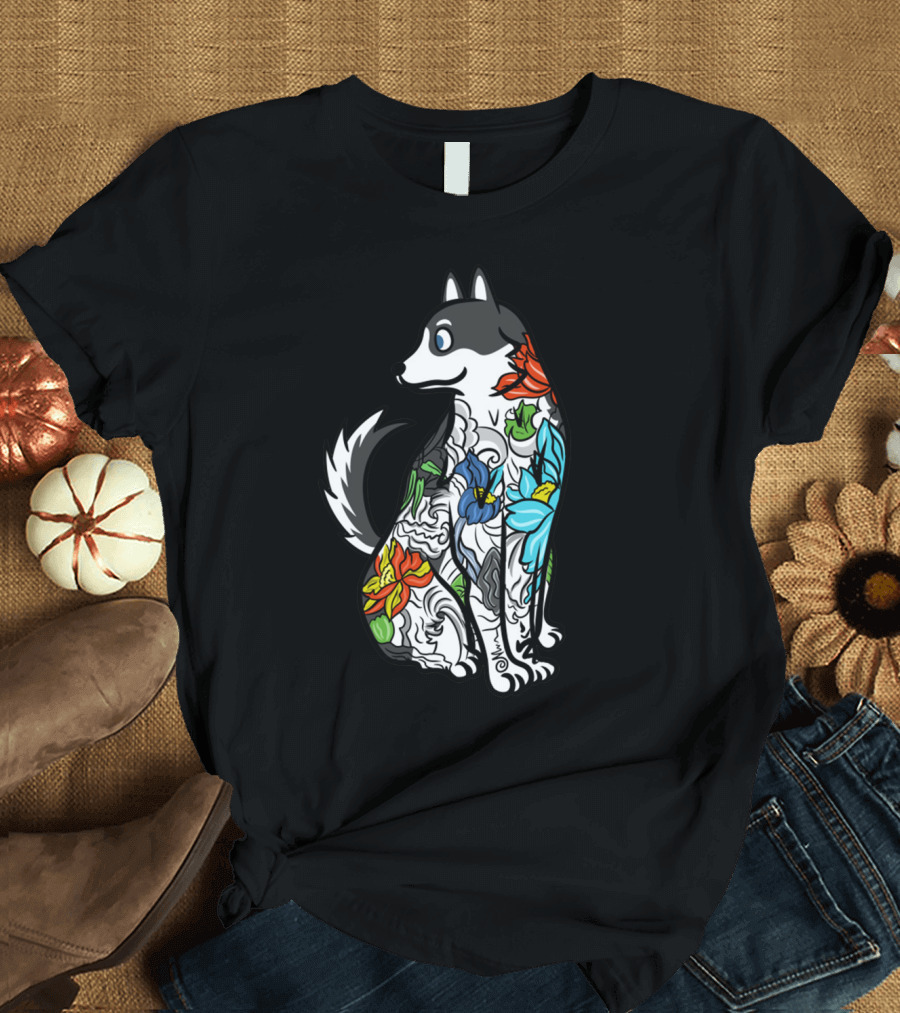 Husky Tattoo Floral Art Pattern in Black and Multicolor T-Shirt