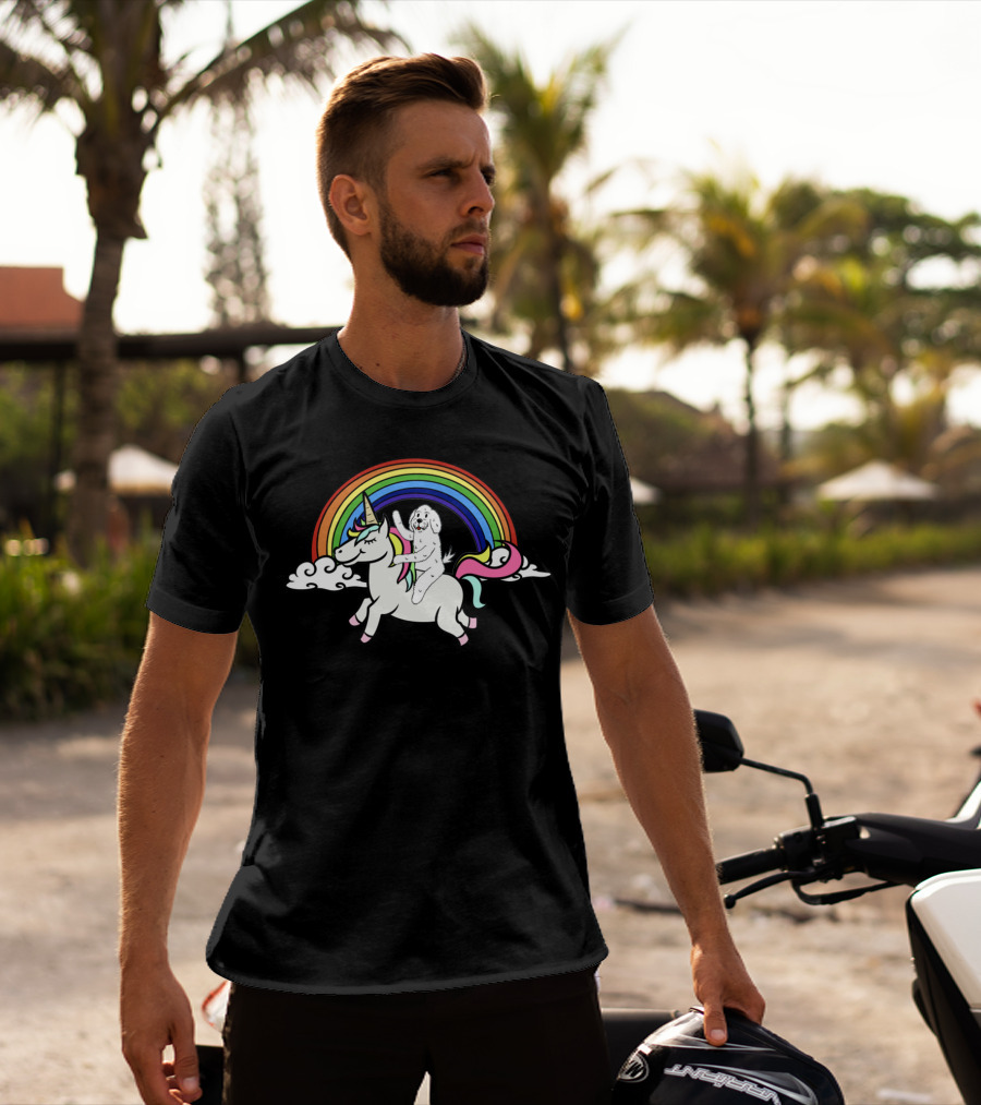 Bichon Frise Riding Unicorn With Rainbow Background And Fluffy Clouds T-Shirt