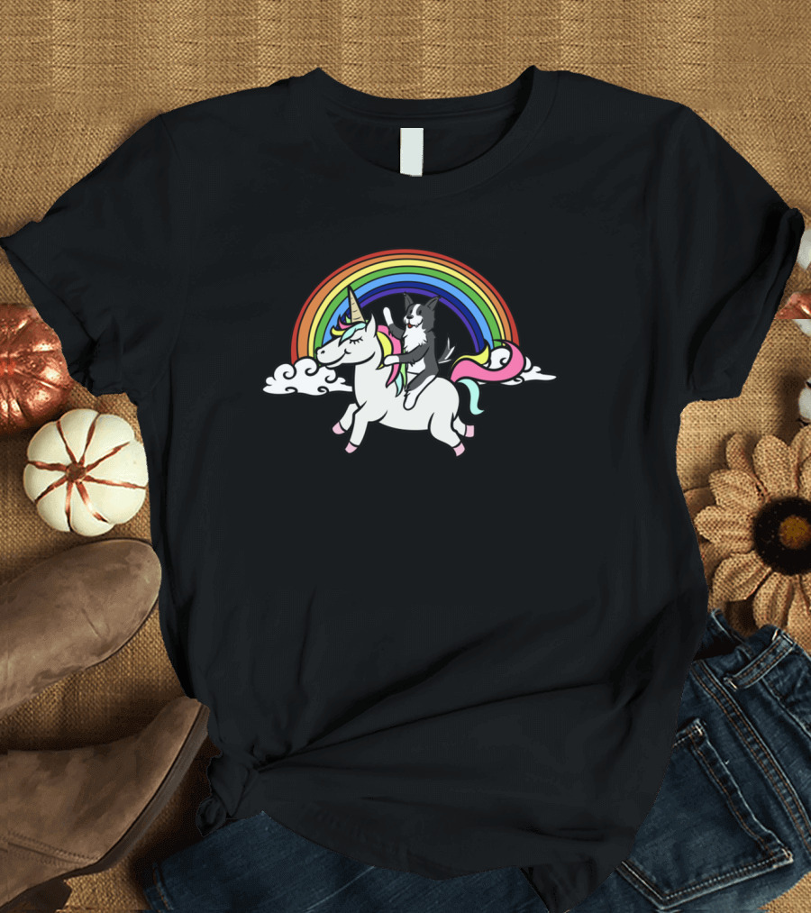BORDER COLLIE RIDING UNICORN WITH COLORFUL RAINBOW T-Shirt