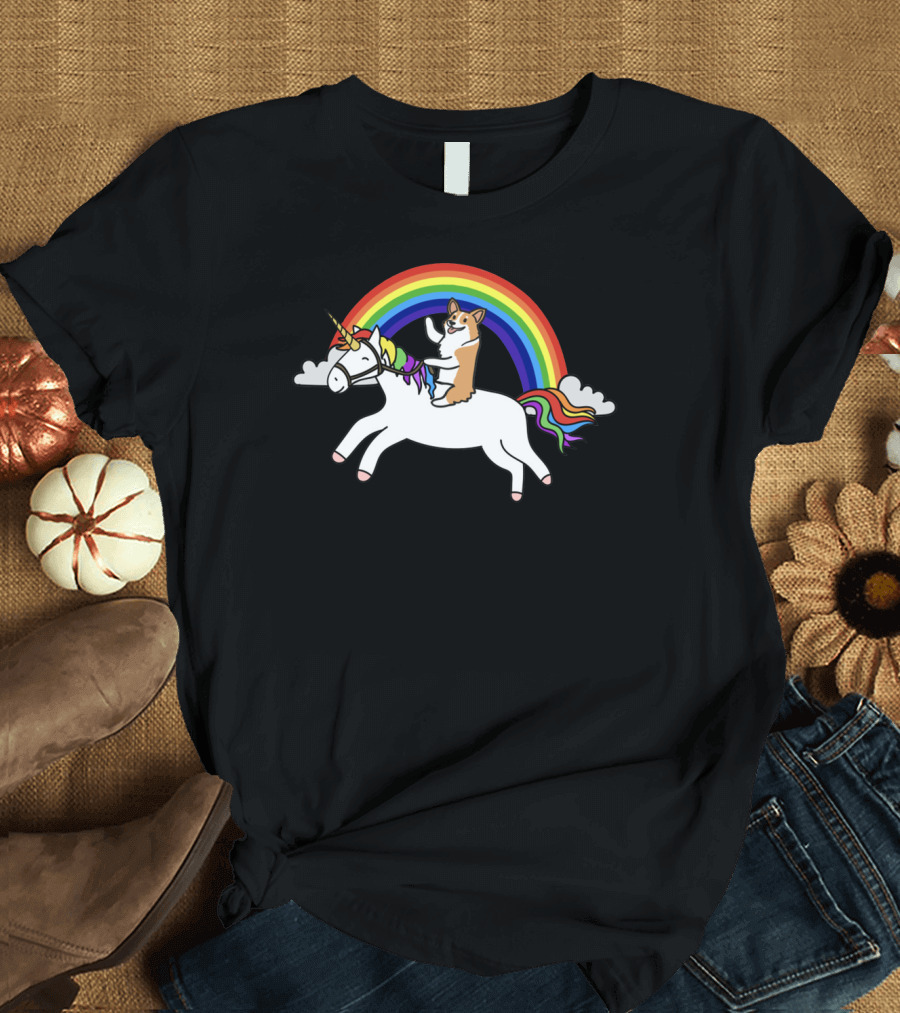 Corgi Riding Unicorn with Rainbow Arch and Cloud Elements T-Shirt