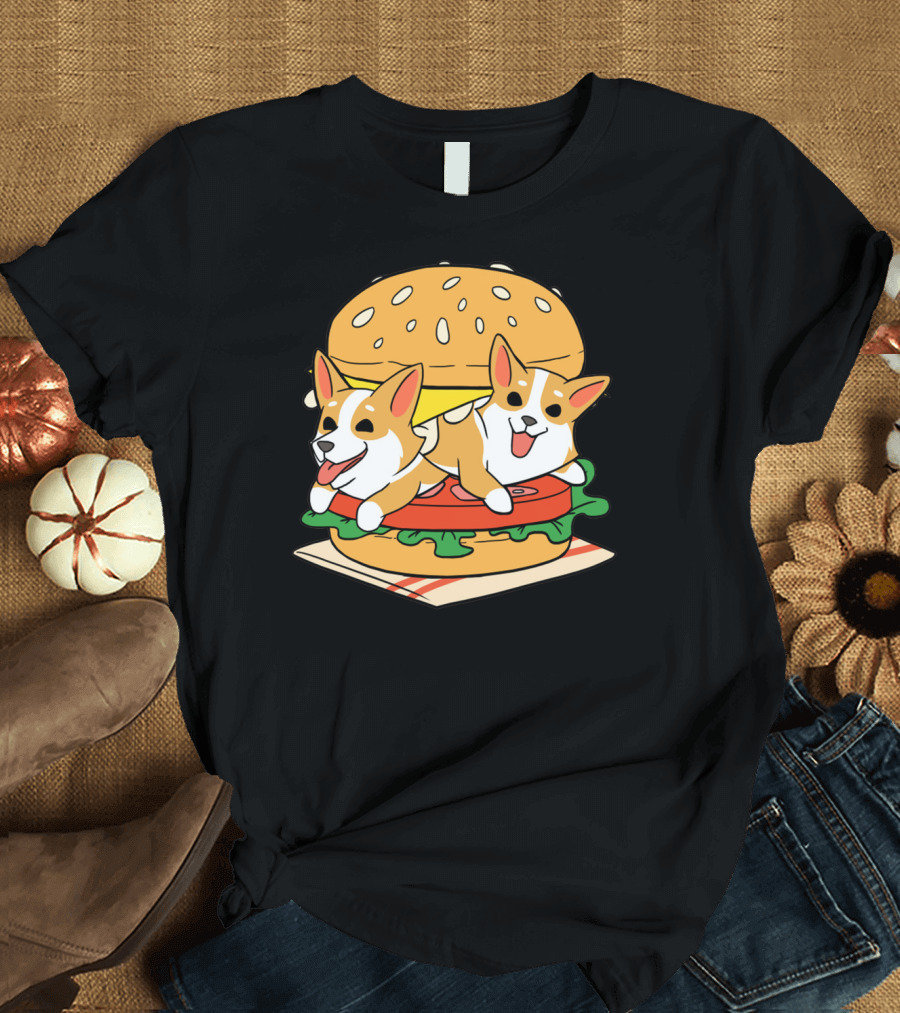 Corgi Burger Delight Double Pup Cheeseburger Fun T-Shirt