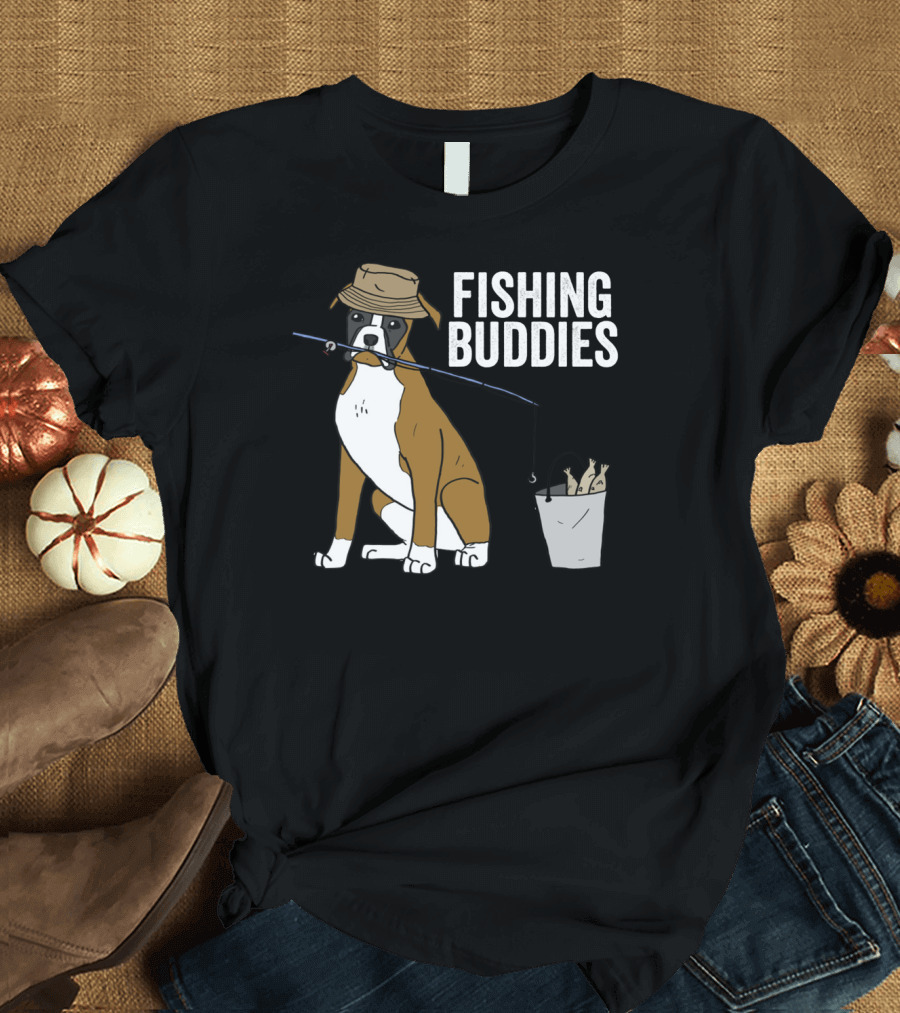 Boxer Dog Fishing Buddies Cartoon with Hat and Fishing Rod T-Shirt