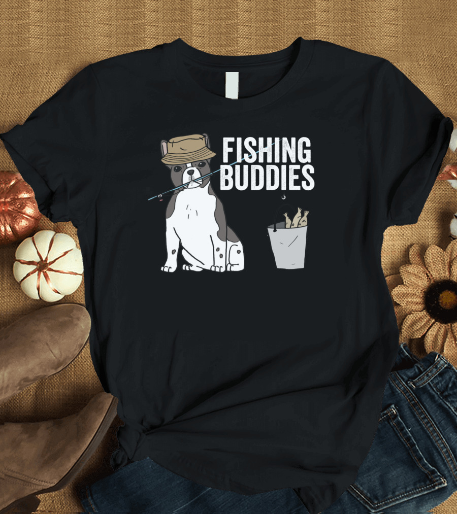 French Bulldog Fishing Buddies with Hat and Fish Bucket T-Shirt