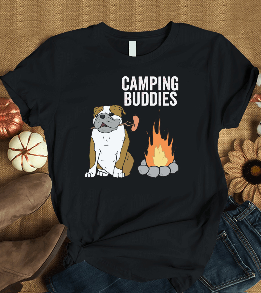 Bulldog Enjoying Campfire with Sausage and Camping Buddies T-Shirt