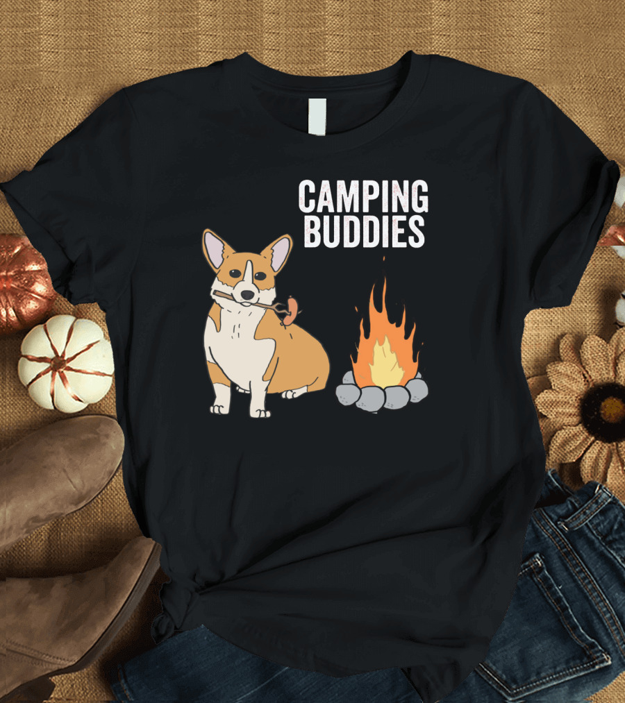 Corgi Roasting Marshmallow by Campfire - Camping Buddies Adventure T-Shirt