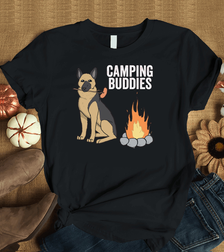 Camping Buddies German Shepherd Roasting by Campfire T-Shirt