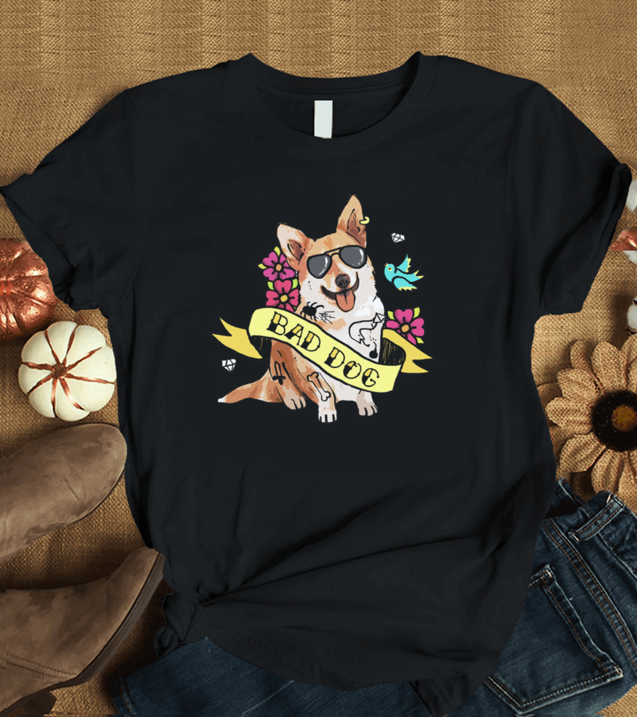 BAD DOG CORGI WITH SUNGLASSES AND FLOWERS T-Shirt