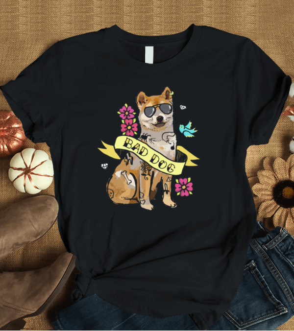 T-Shirt: Shiba Inu Bad Dog with Sunglasses and Tattoos Ribbon Art Flowers Bird Diamond T-Shirt Shiba Inu Bad Dog with Sunglasses and Tattoos Ribbon Art Flowers Bird Diamond T-Shirt