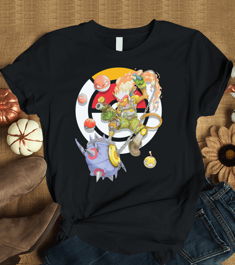 POKEMON X OVERWATCH INFERNAPE AND JUNKRAT MASHUP WITH POKEBALLS AND TEAM EMBLEM T-Shirt